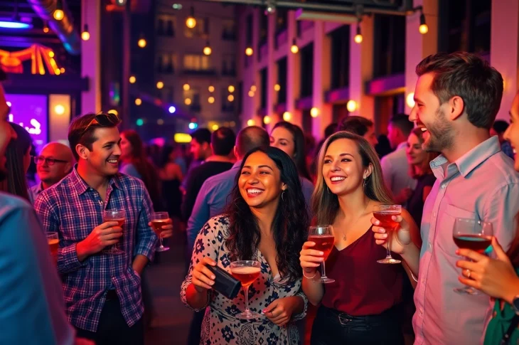 Creating a unique event atmosphere at an after-work party with lively guests and colorful lights.