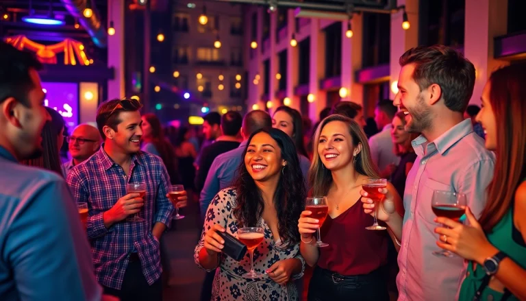 Creating a unique event atmosphere at an after-work party with lively guests and colorful lights.