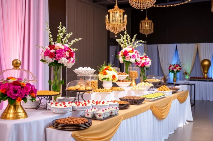 Enjoy a vibrant Partyservice Berlin buffet with elegant decorations and diverse food options.