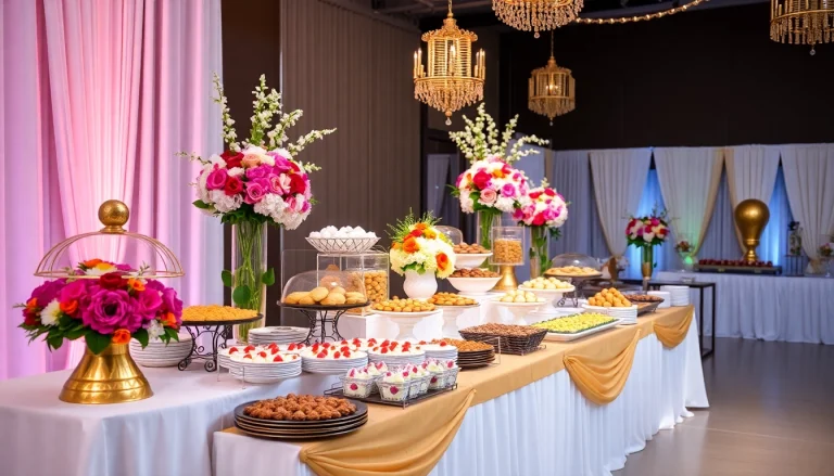 Enjoy a vibrant Partyservice Berlin buffet with elegant decorations and diverse food options.
