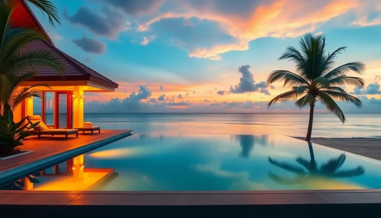 Experience luxury rentals in St Martin with a stunning beachfront villa featuring an infinity pool at sunset.