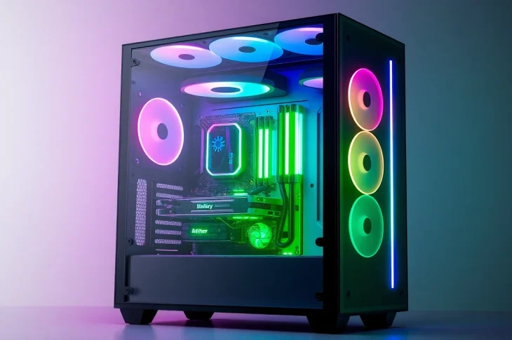 Showcasing a stylish PC CASE Manufacturer design featuring RGB lighting and tempered glass panels for a gaming setup.