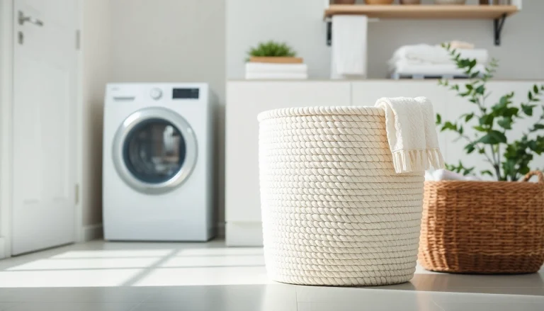 Stylish cotton rope laundry basket displayed in a modern laundry room with decorative elements.