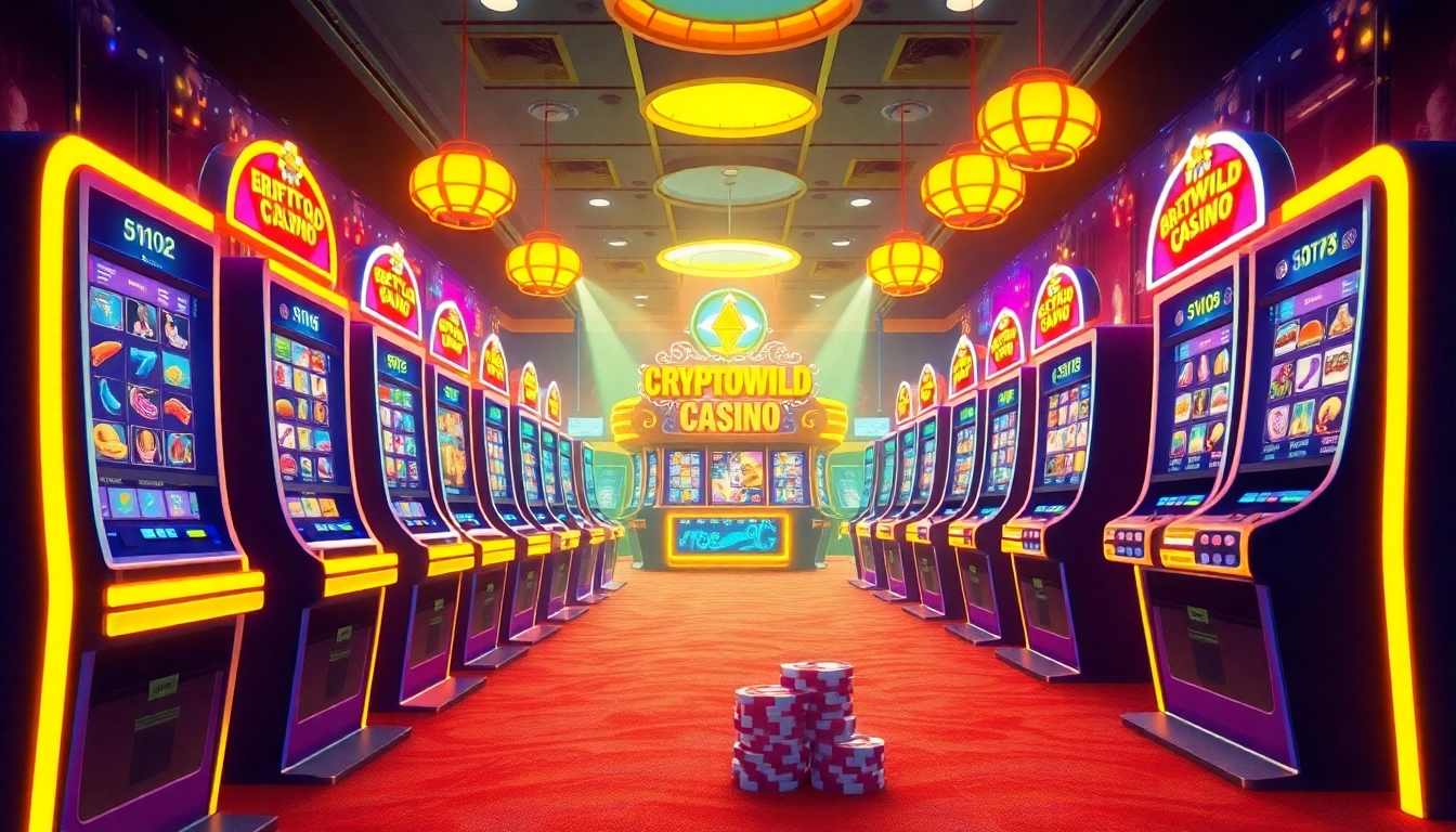 Experience the excitement of Cryptowild Casino with bright slot machines and colorful poker chips.