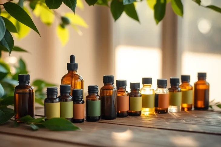 Essential oil bottles arranged harmoniously on a wooden surface, highlighting their unique colors and shapes.