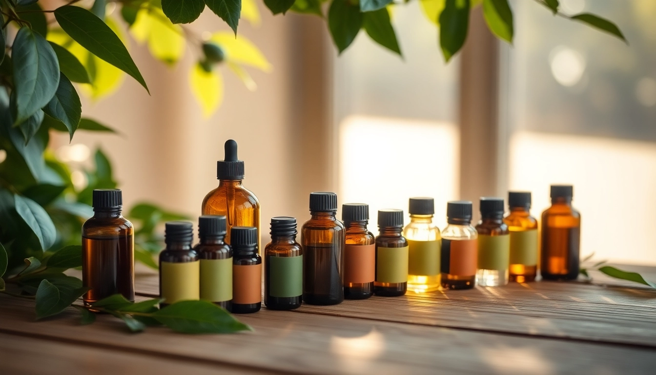 Essential oil bottles arranged harmoniously on a wooden surface, highlighting their unique colors and shapes.