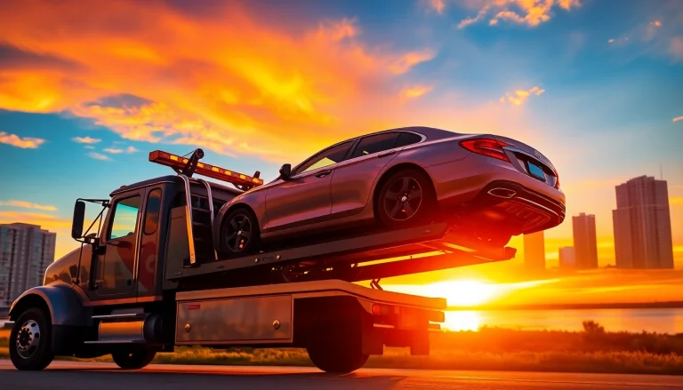 Professional car towing Tampa service executing a vehicle lift against a scenic sunset with Tampa skyline.