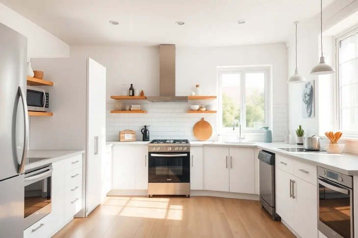 Showcase affordable kitchen appliances in a bright, inviting kitchen with modern design elements.
