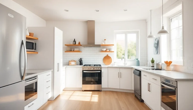 Showcase affordable kitchen appliances in a bright, inviting kitchen with modern design elements.