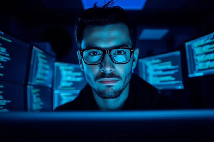 Phone hackers for hire focus intensely on coding and hacking operations in a dimly lit office.