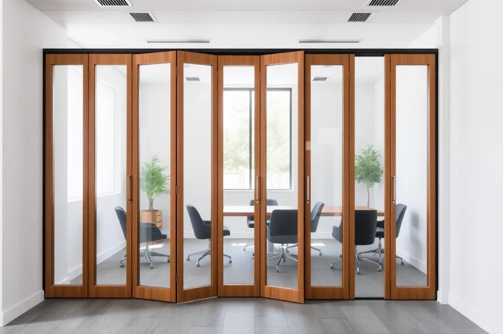 Enhance your space with a Folding Partition Wall, showcasing stylish wood and glass design for versatile room separation.