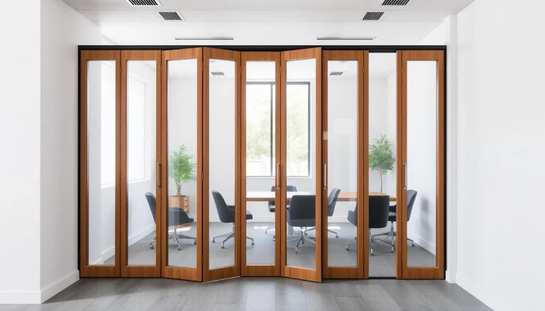 Enhance your space with a Folding Partition Wall, showcasing stylish wood and glass design for versatile room separation.