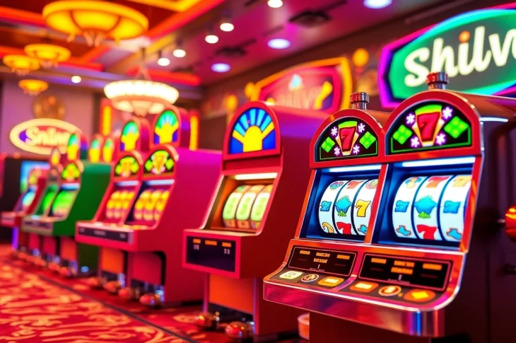 Spin the reels for free spins at exciting casino slots, showcasing colorful lights and joyful players.