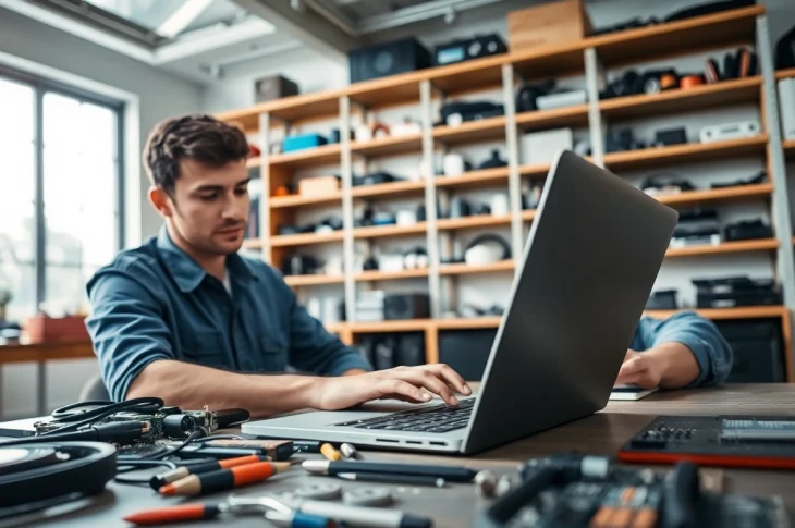 Riparazione pc torino: Tecnico esperto ripara un laptop nel suo laboratorio moderno.