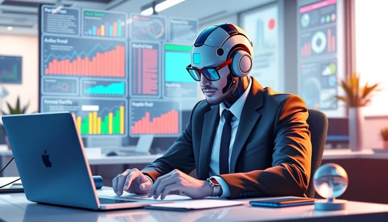 AI marketing agents analyzing data and optimizing campaigns in a vibrant office atmosphere.