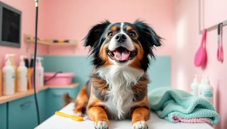 Grooming a dog for optimal pet hygiene with brushes and shampoos in a bright setting.