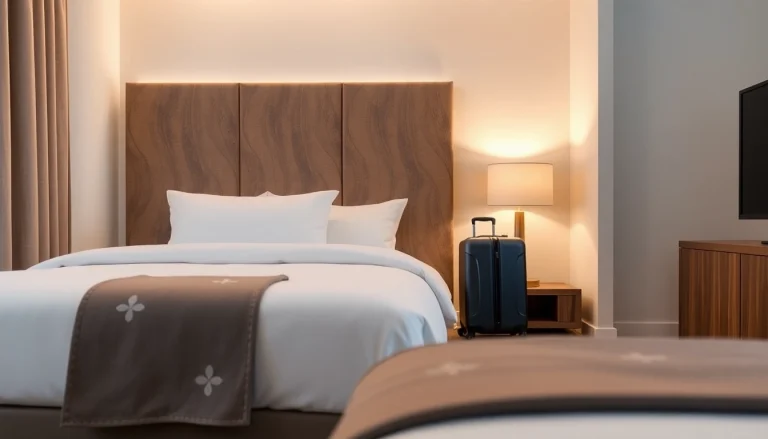 Stylish wooden hotel luggage racks supporting a suitcase, enhancing room comfort for guests.