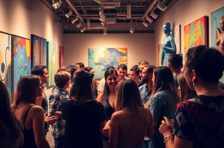 Showcase of emerging artists in Chicago presenting colorful artworks and engaging with the audience.