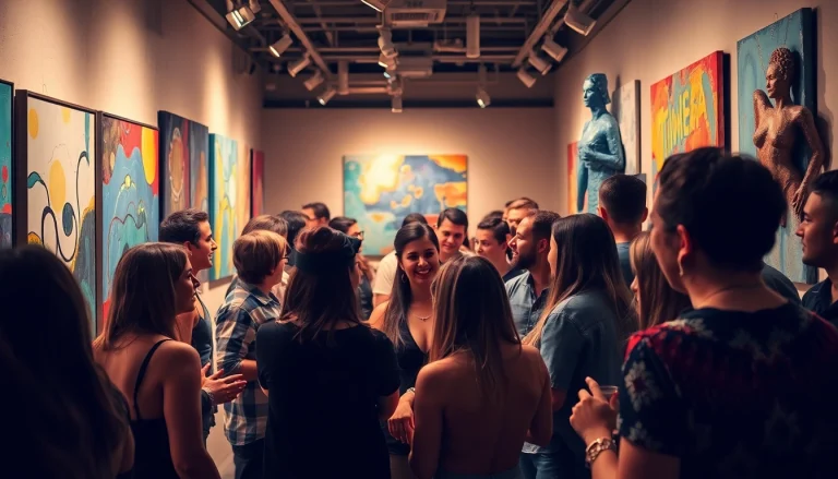 Showcase of emerging artists in Chicago presenting colorful artworks and engaging with the audience.