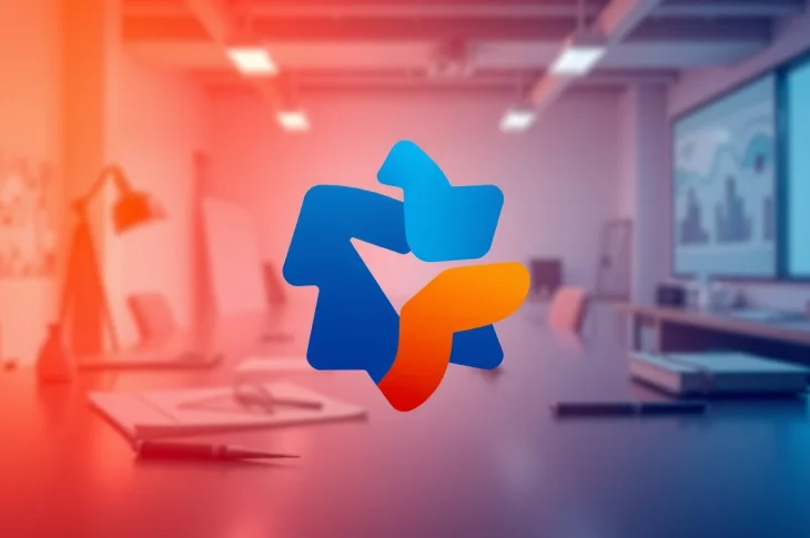 Creating a custom AI logo design with vibrant colors and geometric shapes in a modern workspace.