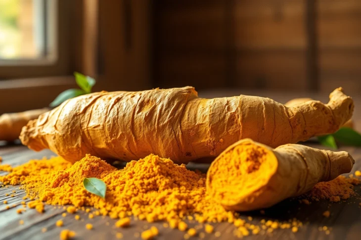 Highlighting turmeric root with ground turmeric powder on wooden surface.