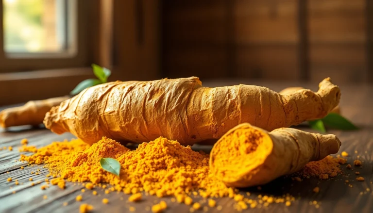 Highlighting turmeric root with ground turmeric powder on wooden surface.