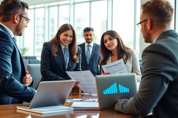 Discussing trademark registration in Dubai with professionals in a modern office setting