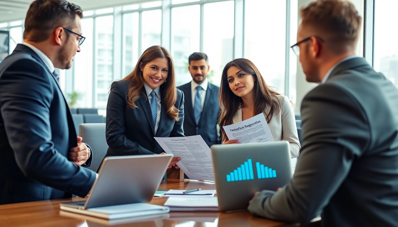 Discussing trademark registration in Dubai with professionals in a modern office setting
