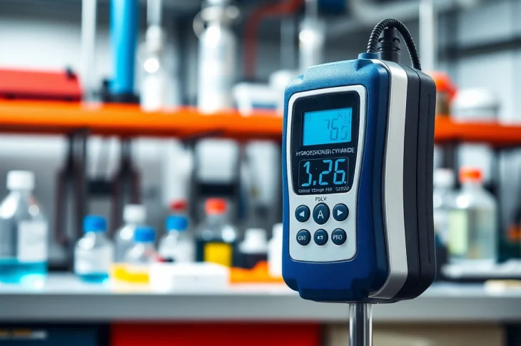 Hydrogen Cyanide detector demonstrating its advanced features in a chemical lab setting.