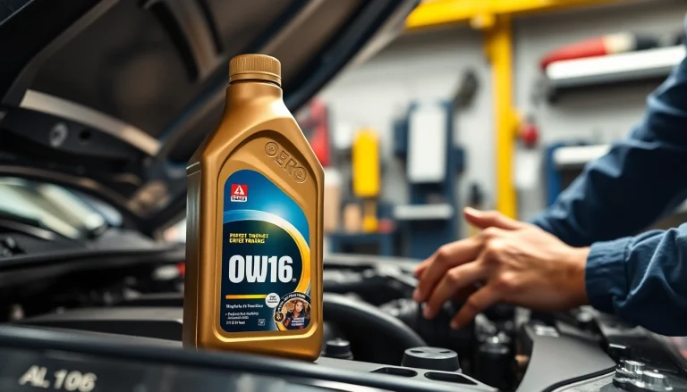 Showcase 0W16 oil bottle with mechanic inspecting a car's engine in a professional garage setting.
