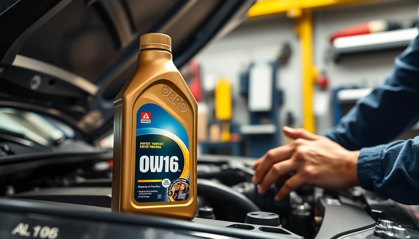 Showcase 0W16 oil bottle with mechanic inspecting a car's engine in a professional garage setting.