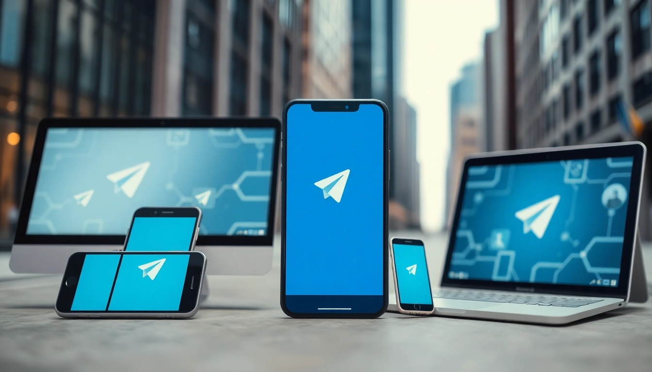 Display the Telegram messaging platform on devices, emphasizing its features for electric messaging at 电报官网.