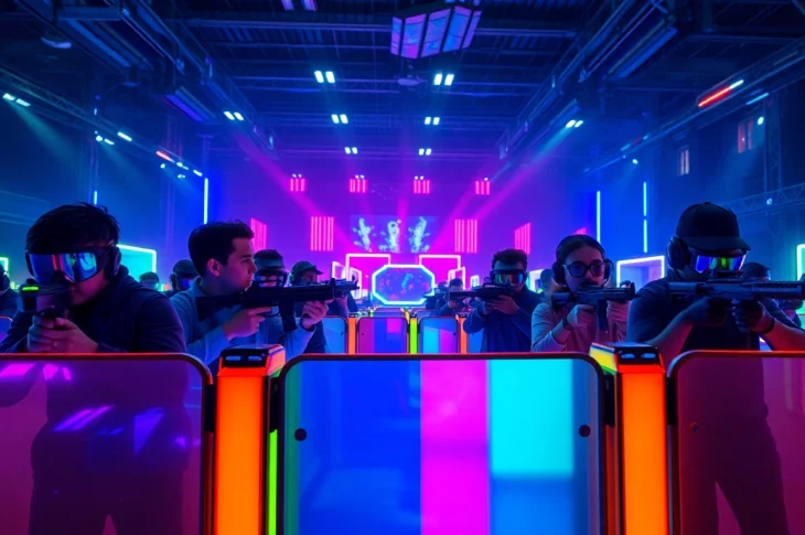Engaged players in a vibrant laser tag arena showcasing action and energy.