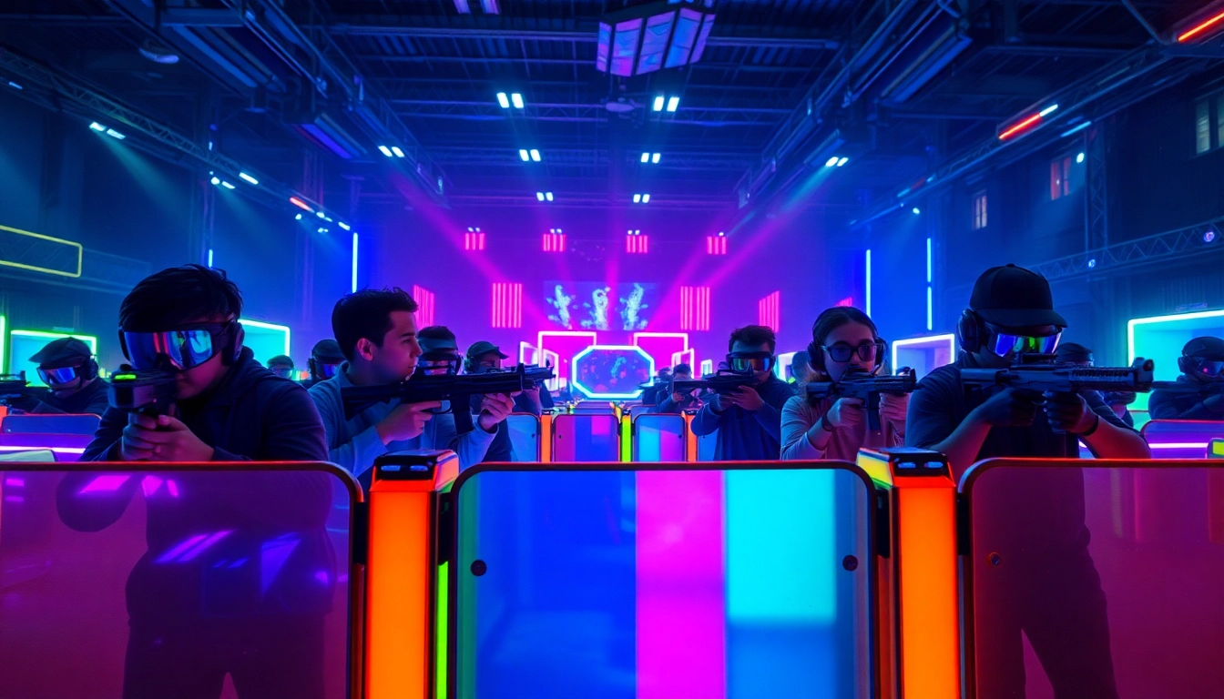 Engaged players in a vibrant laser tag arena showcasing action and energy.