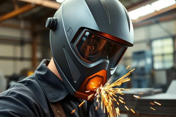 Welder using a protective welding mask with sparks flying in an industrial workshop.