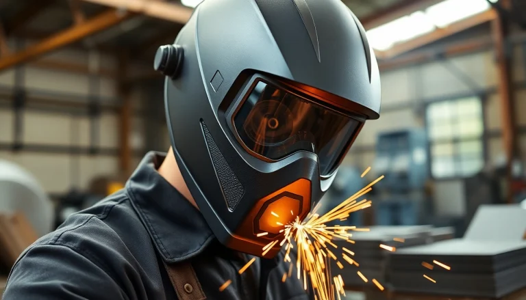 Welder using a protective welding mask with sparks flying in an industrial workshop.