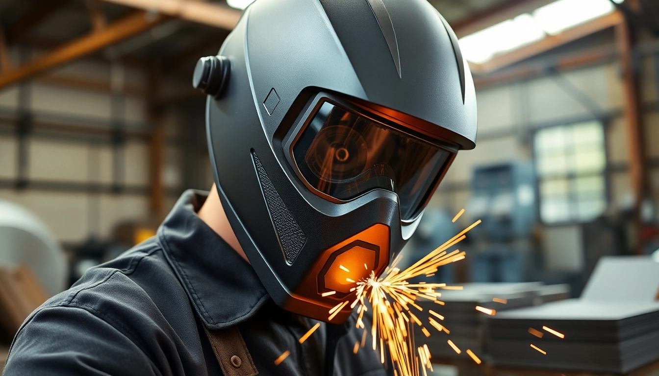 Welder using a protective welding mask with sparks flying in an industrial workshop.
