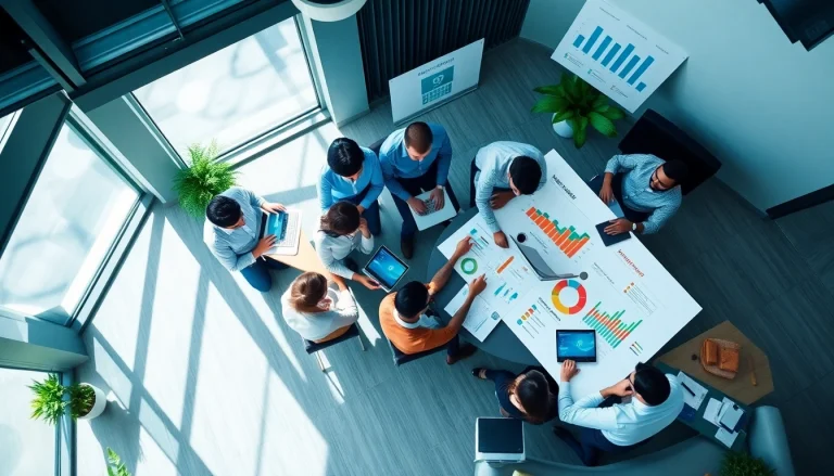 Enhance trade marketing visibility with a professional team collaborating in a modern office.
