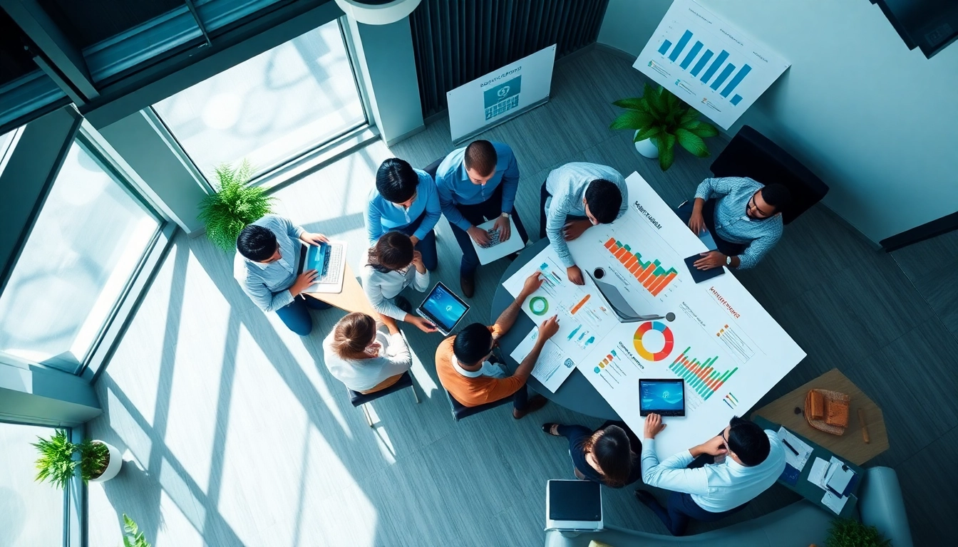 Enhance trade marketing visibility with a professional team collaborating in a modern office.