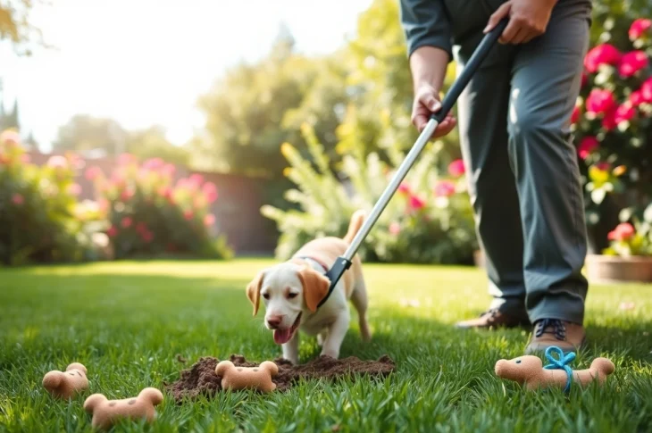 Expert dog clean up service collecting pet waste in a sunny backyard environment.