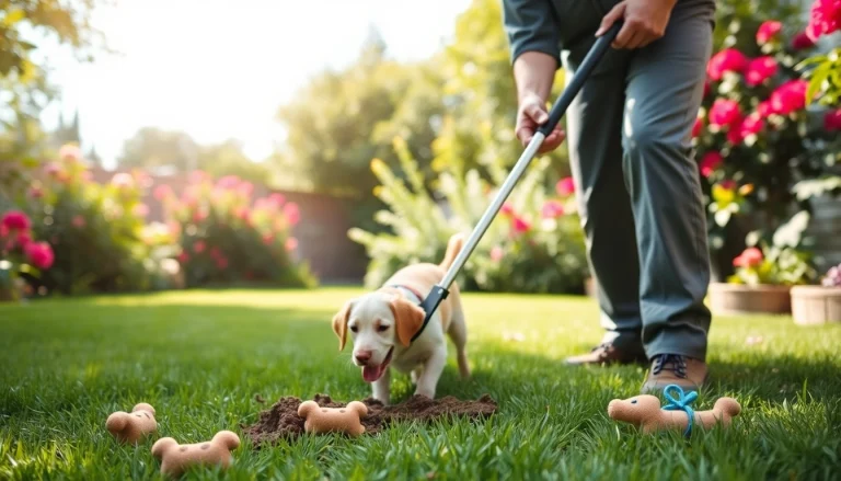 Expert dog clean up service collecting pet waste in a sunny backyard environment.
