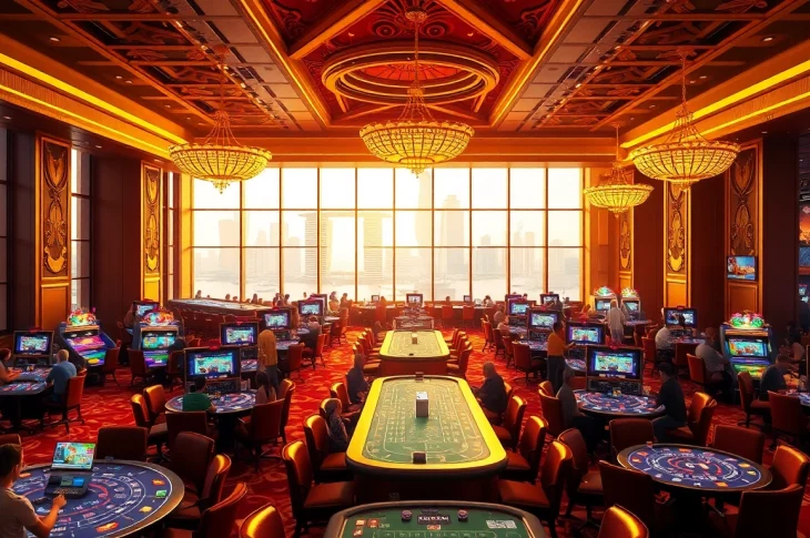 Vibrant scene inside a singapore casino showcasing luxurious tables and exciting gaming atmosphere.