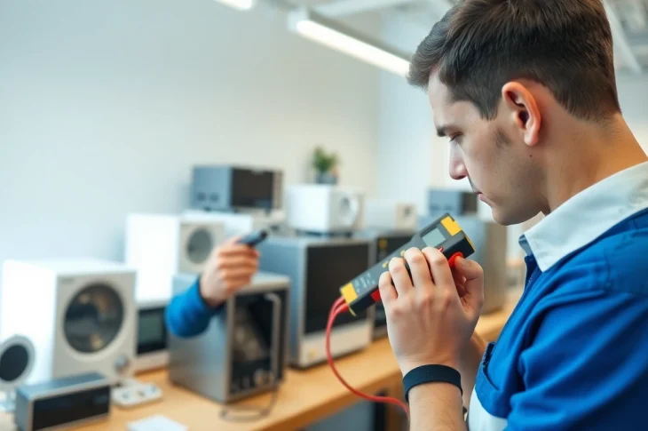 Technician performing Pat testing Cannock for electrical safety compliance in a professional setting.