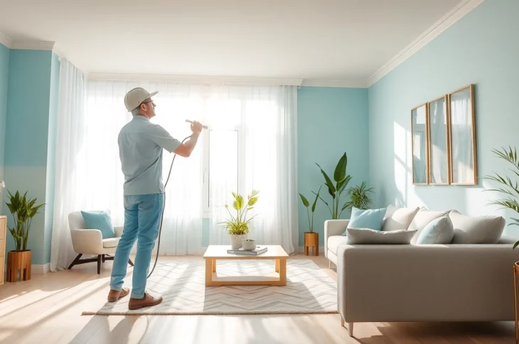 Expert in interior painting revitalizing a sunlit living room with fresh colors.
