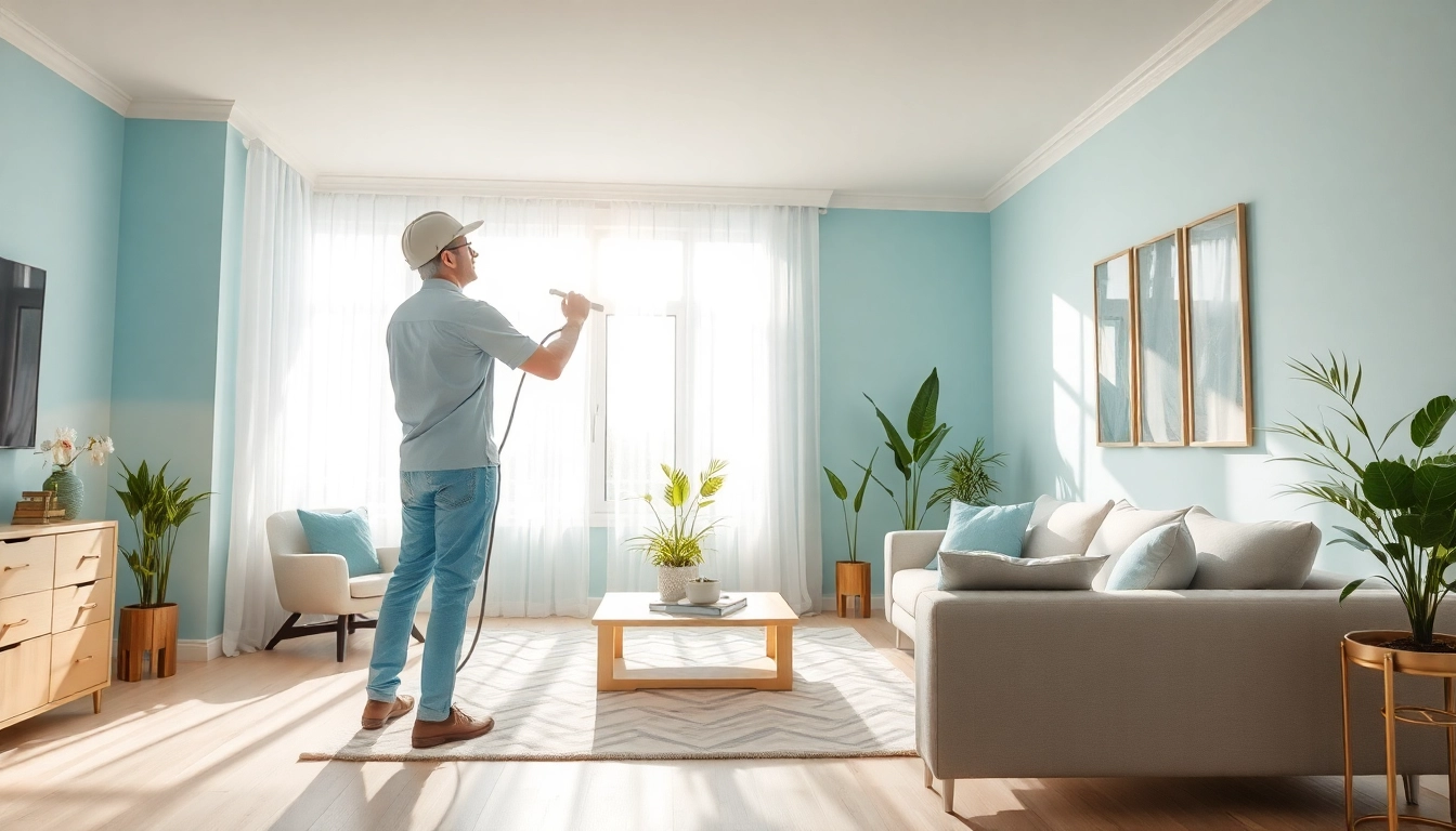 Expert in interior painting revitalizing a sunlit living room with fresh colors.