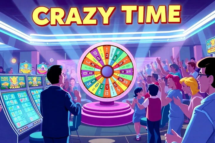 Giocatori vivono estrazioni Crazy Time in un casinò online, ruota colorata e atmosfera entusiasta.