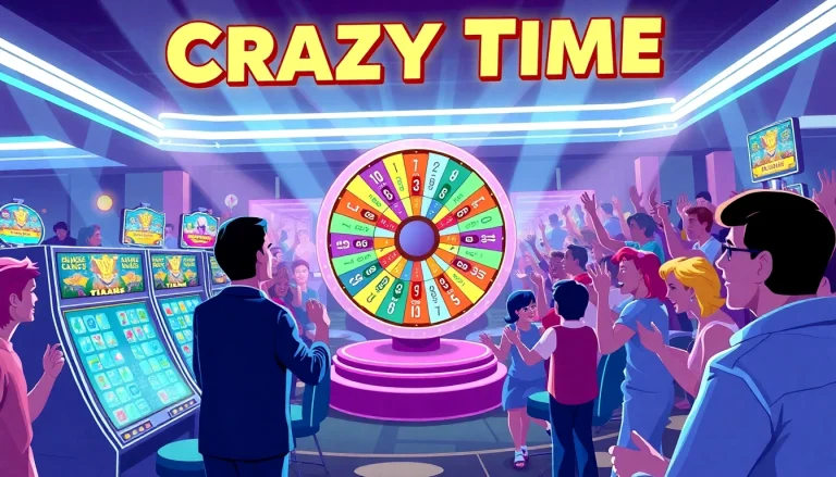 Giocatori vivono estrazioni Crazy Time in un casinò online, ruota colorata e atmosfera entusiasta.