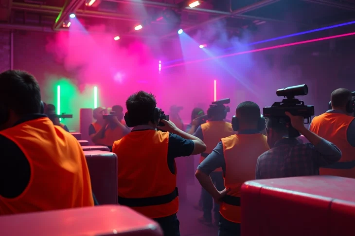 Laser tag players in colorful vests strategizing in a neon-lit arena.