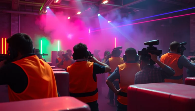 Laser tag players in colorful vests strategizing in a neon-lit arena.