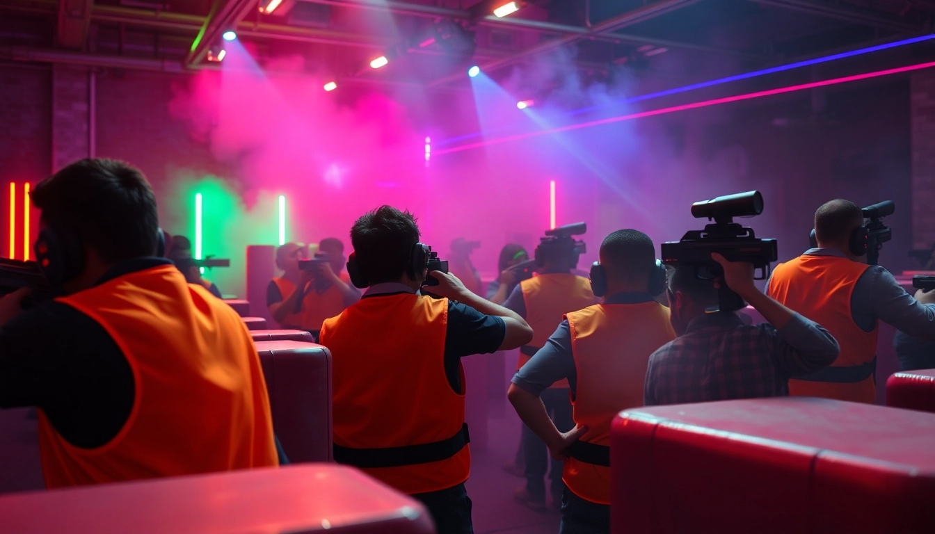 Laser tag players in colorful vests strategizing in a neon-lit arena.